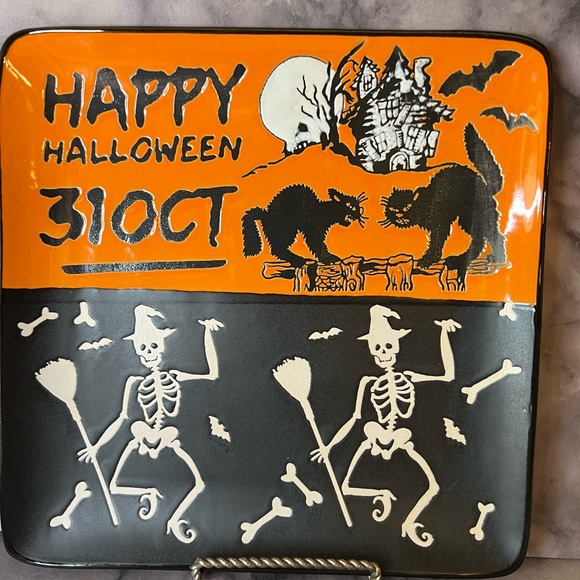 Happy Halloween Square Salad Plate Dancing Witch Skeletons Cats Oct 31 Bones - Picture 3 of 8